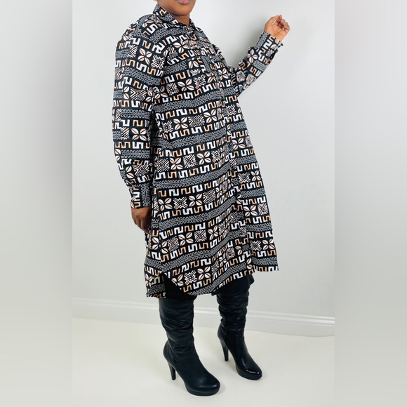 African Print Ankara Tribal Print Multicolor Midi Button-up Collard Dress - Picture 3 of 6